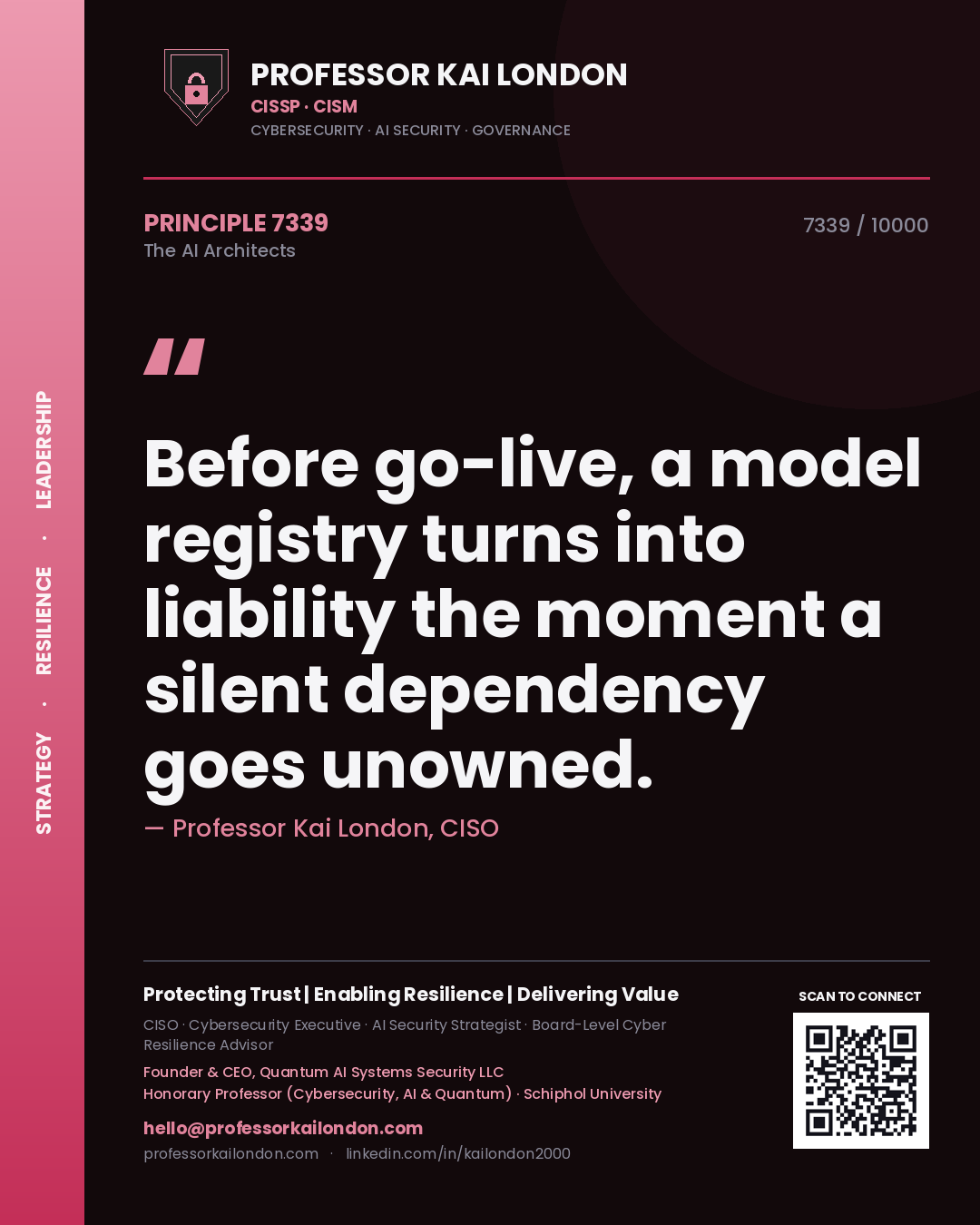 Quote card by Professor Kai London reading 'Before go-live, a model registry turns into liability the moment a silent dependency goes unowned.'. From the book The AI Architects.