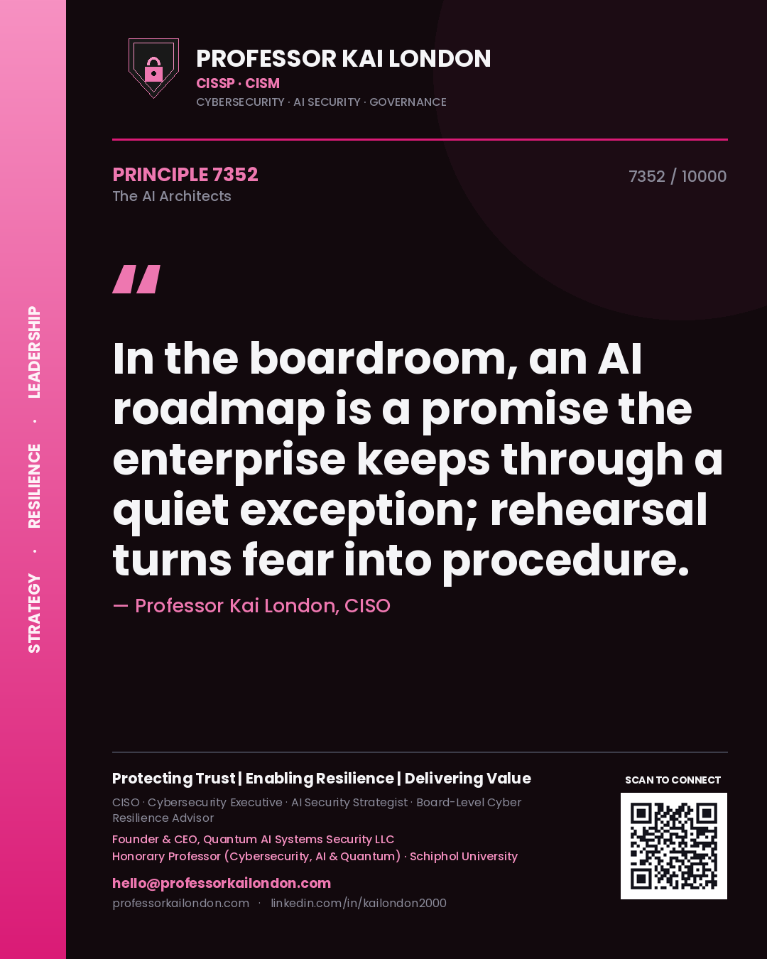 Quote card by Professor Kai London reading 'In the boardroom, an AI roadmap is a promise the enterprise keeps through a quiet exception; rehearsal turns fear into procedure.'. From the book The AI Architects.