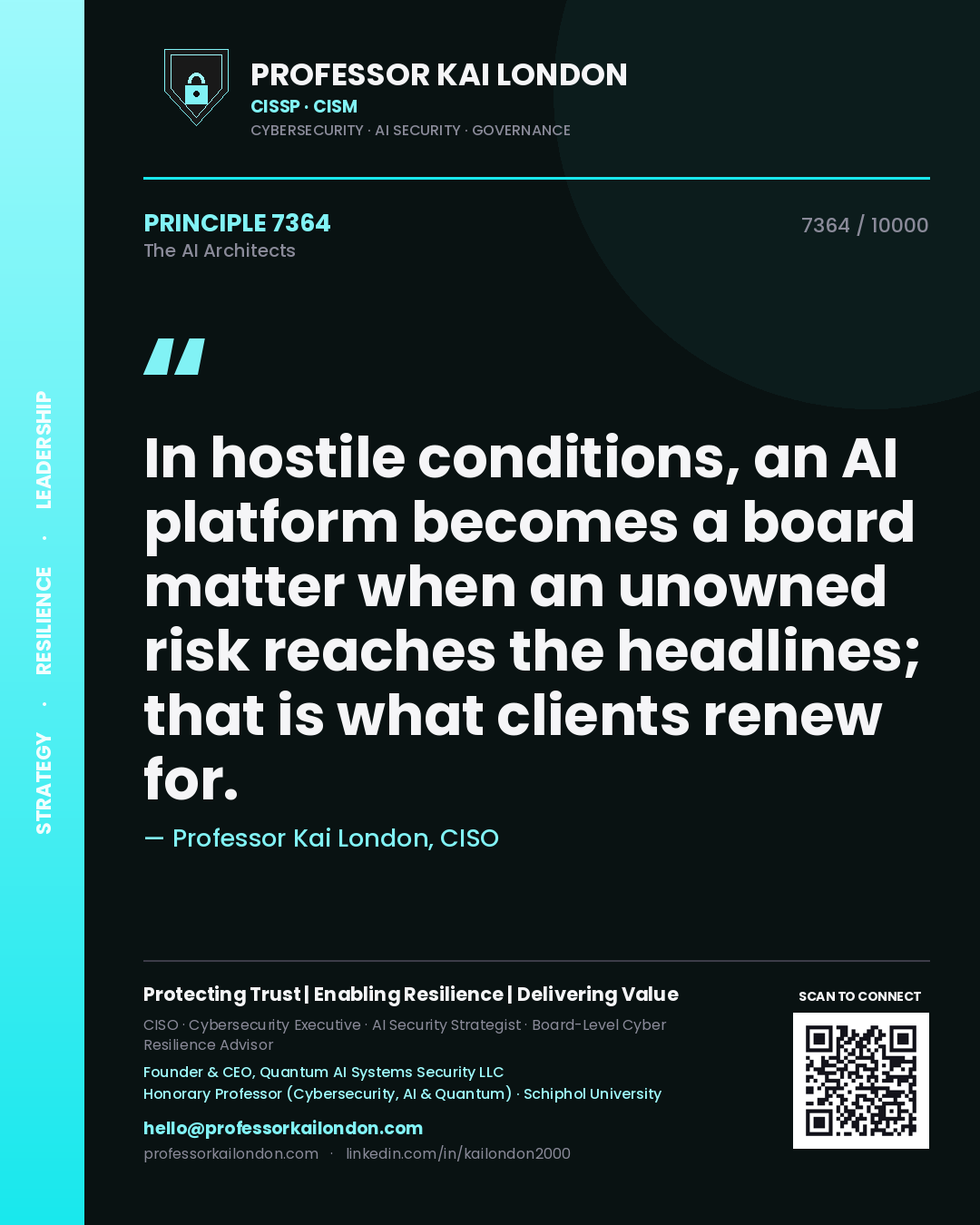 Quote card by Professor Kai London reading 'In hostile conditions, an AI platform becomes a board matter when an unowned risk reaches the headlines; that is what clients renew for.'. From the book The AI Architects.