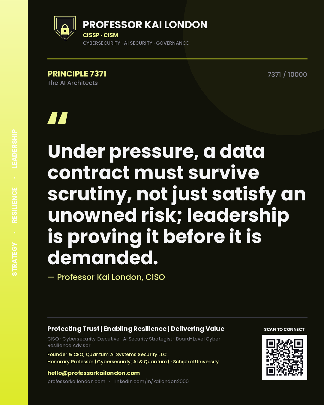 Quote card by Professor Kai London reading 'Under pressure, a data contract must survive scrutiny, not just satisfy an unowned risk; leadership is proving it before it is demanded.'. From the book The AI Architects.