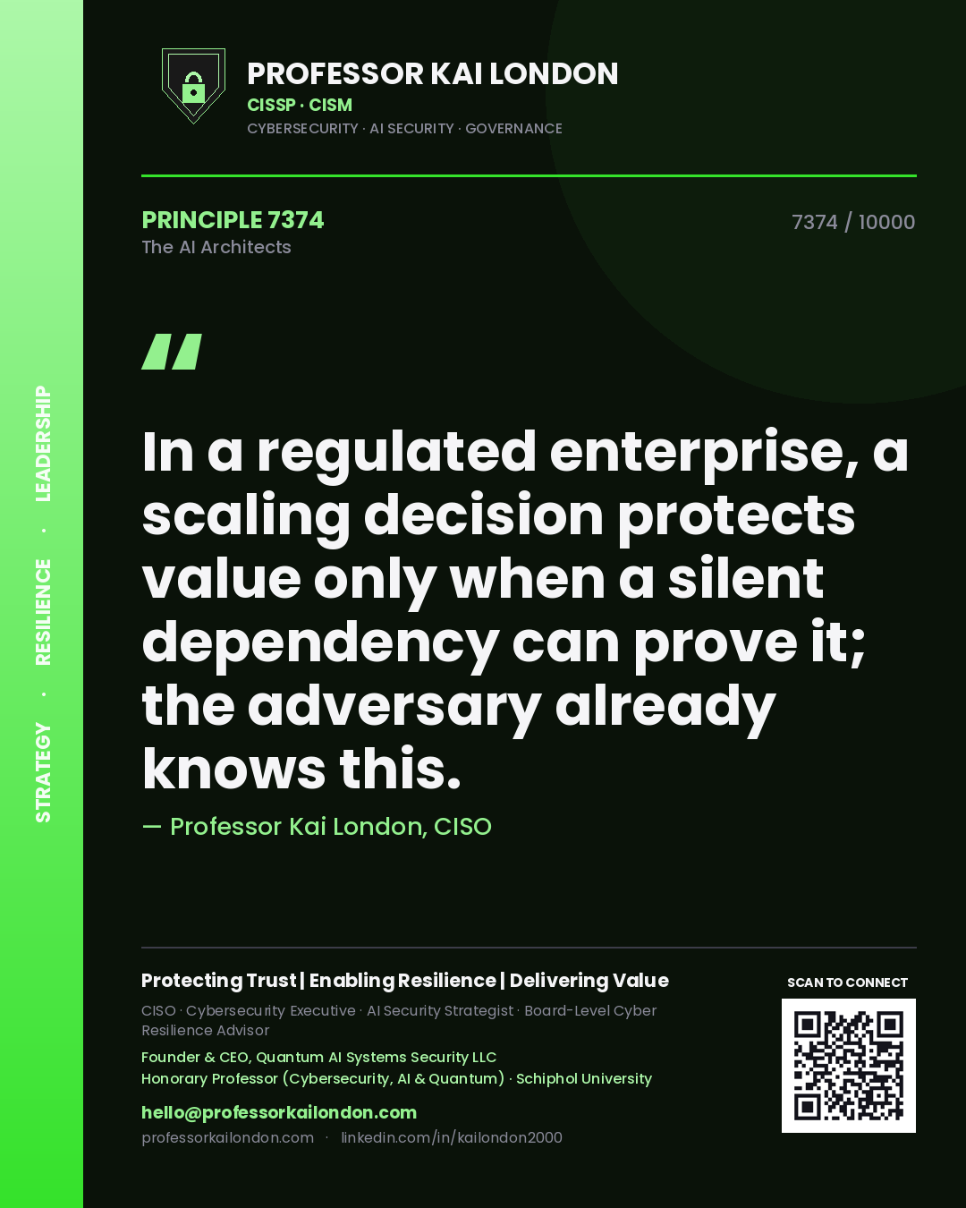 Quote card by Professor Kai London reading 'In a regulated enterprise, a scaling decision protects value only when a silent dependency can prove it; the adversary already knows this.'. From the book The AI Architects.