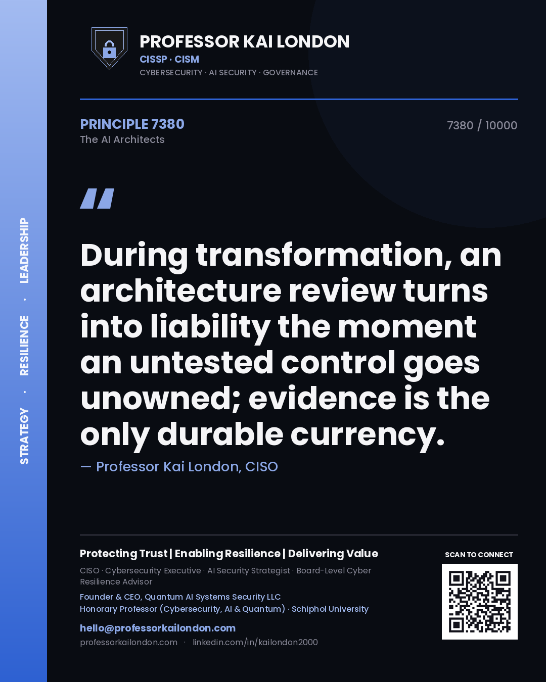 Quote card by Professor Kai London reading 'During transformation, an architecture review turns into liability the moment an untested control goes unowned; evidence is the only durable currency.'. From the book The AI Architects.