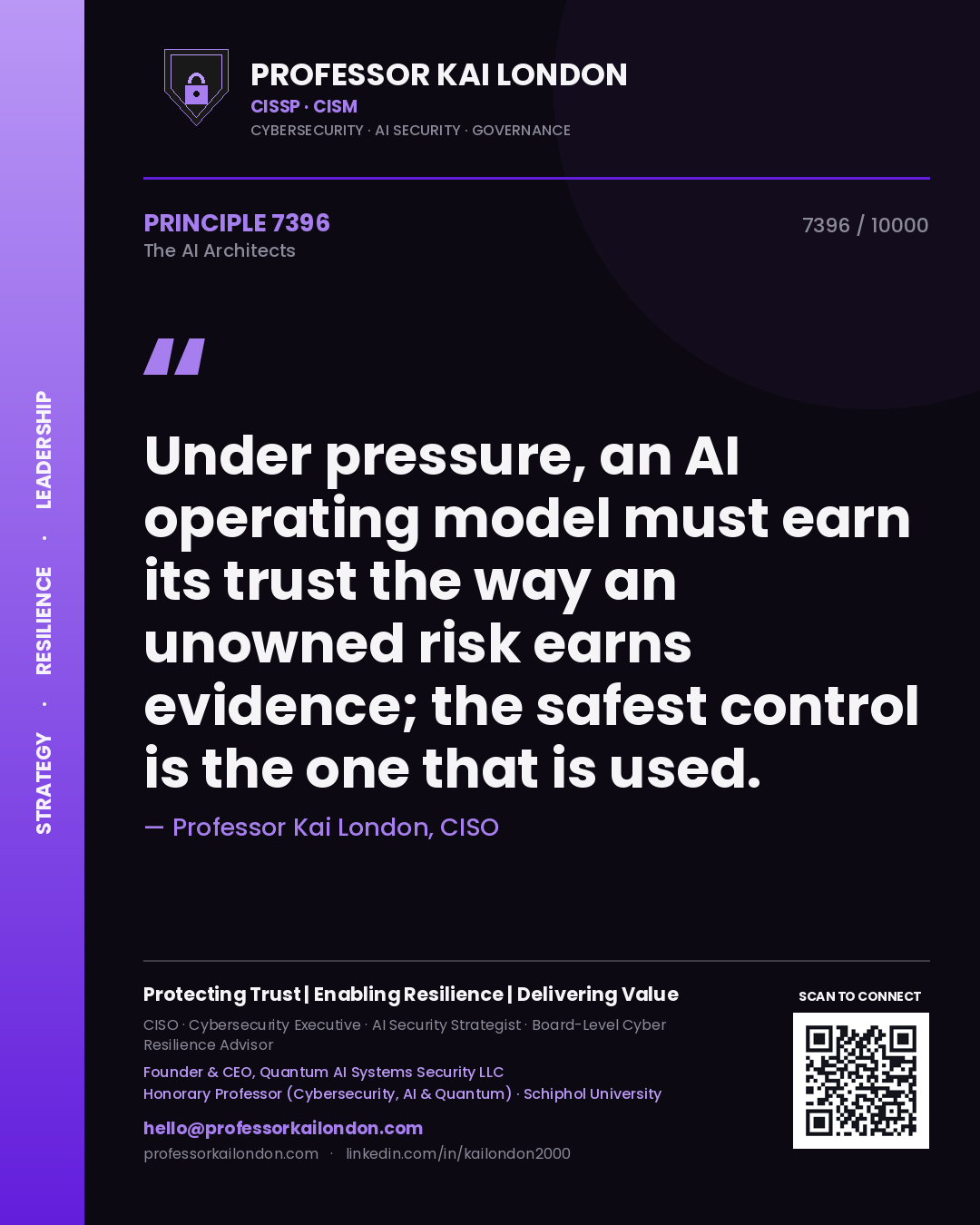 Quote card by Professor Kai London reading 'Under pressure, an AI operating model must earn its trust the way an unowned risk earns evidence; the safest control is the one that is used.'. From the book The AI Architects.