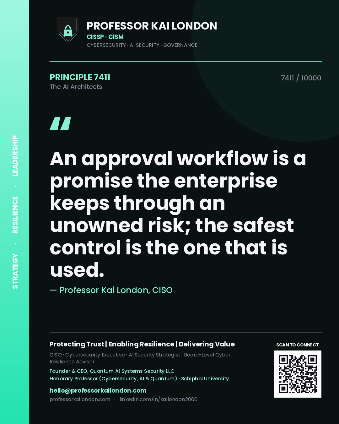 Professor Kai London principle 7411: An approval workflow is a promise the enterprise keeps through an unowned risk; the safest control is the one that is used.
