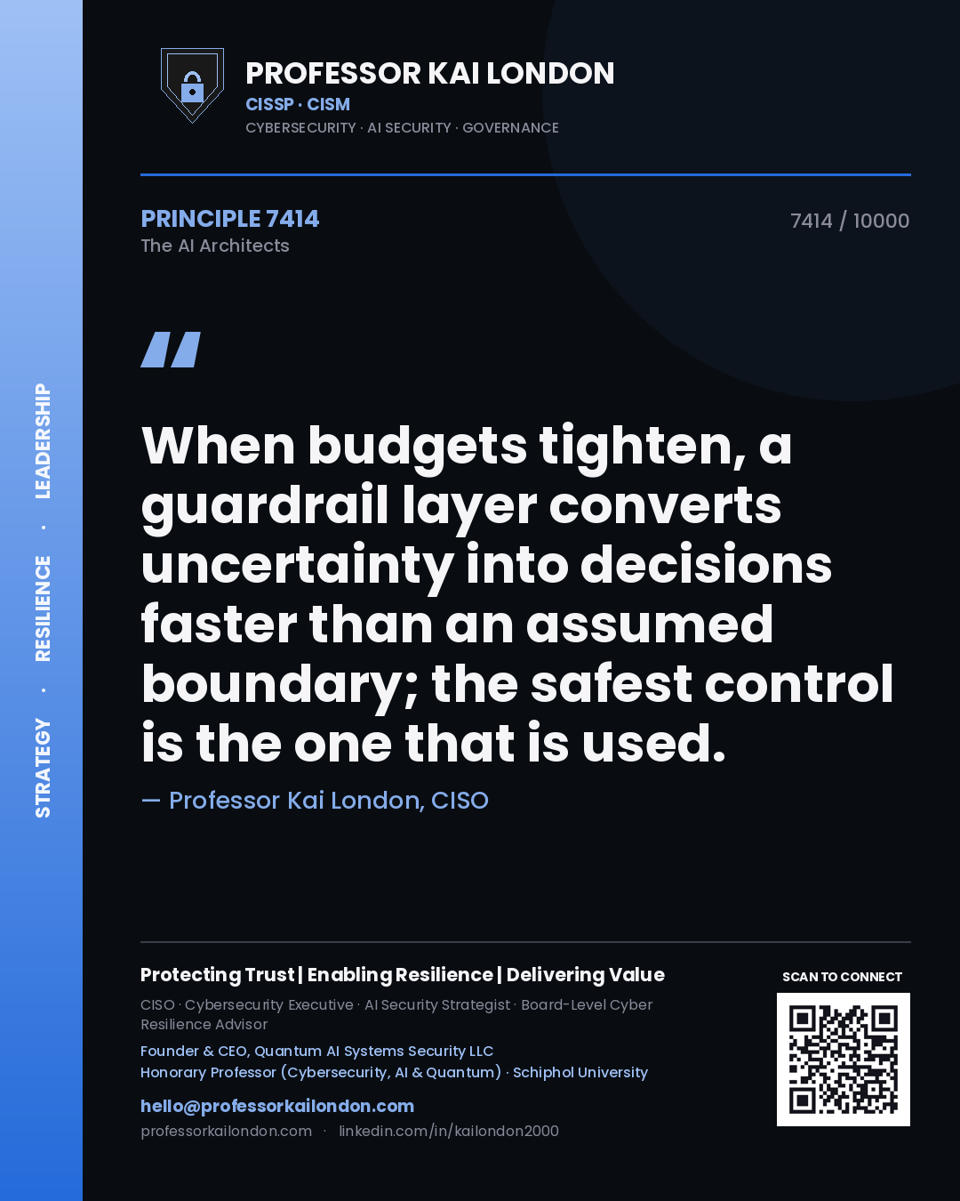 Quote card by Professor Kai London reading 'When budgets tighten, a guardrail layer converts uncertainty into decisions faster than an assumed boundary; the safest control is the one that is used.'. From the book The AI Architects.