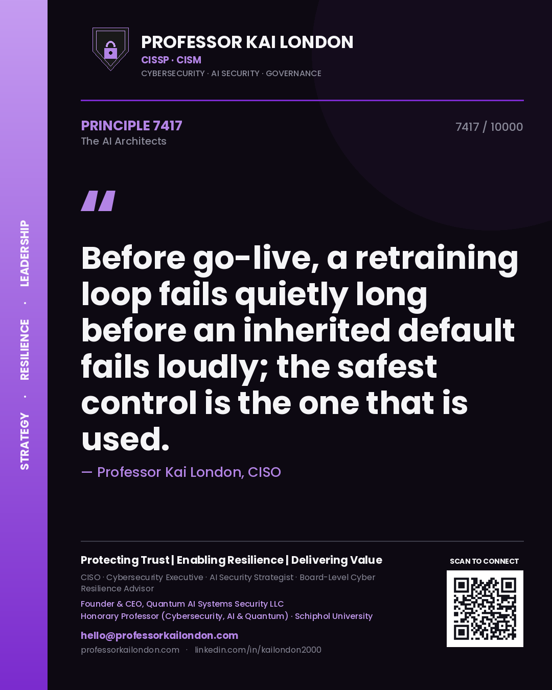 Professor Kai London principle 7417: Before go-live, a retraining loop fails quietly long before an inherited default fails loudly; the safest control is the one that is used.