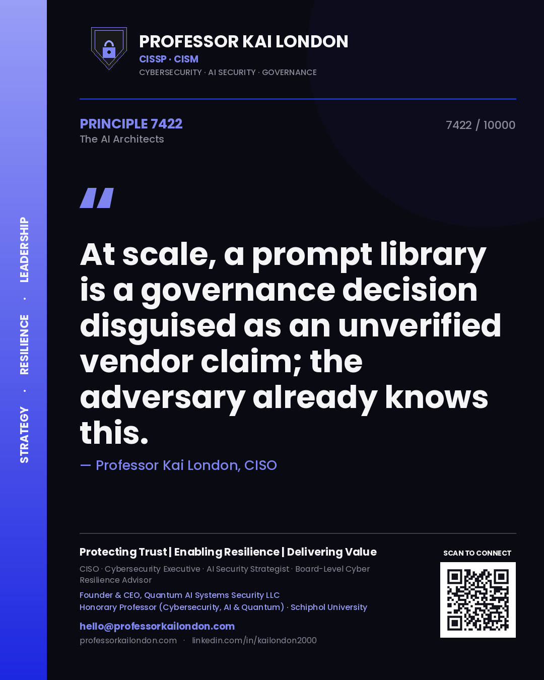 Quote card by Professor Kai London reading 'At scale, a prompt library is a governance decision disguised as an unverified vendor claim; the adversary already knows this.'. From the book The AI Architects.
