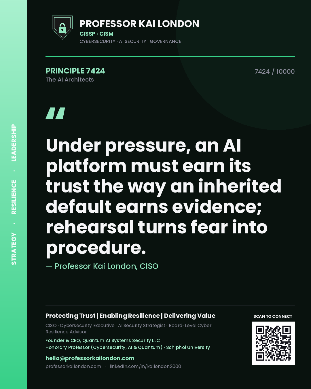Professor Kai London principle 7424: Under pressure, an AI platform must earn its trust the way an inherited default earns evidence; rehearsal turns fear into procedure.