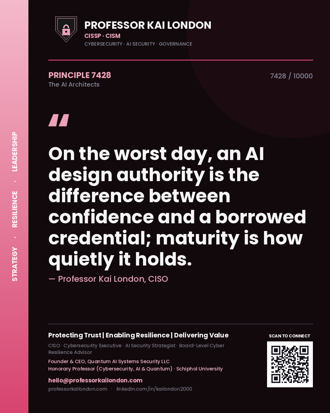 Quote card by Professor Kai London reading 'On the worst day, an AI design authority is the difference between confidence and a borrowed credential; maturity is how quietly it holds.'. From the book The AI Architects.