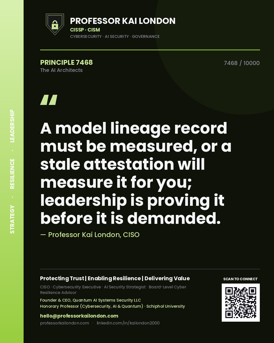 Professor Kai London principle 7468: A model lineage record must be measured, or a stale attestation will measure it for you; leadership is proving it before it is demanded.
