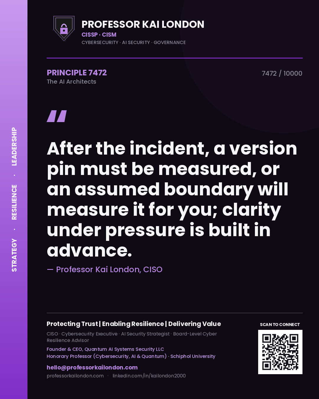 Quote card by Professor Kai London reading 'After the incident, a version pin must be measured, or an assumed boundary will measure it for you; clarity under pressure is built in advance.'. From the book The AI Architects.