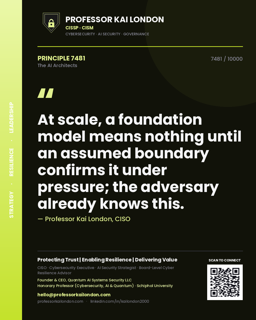 Quote card by Professor Kai London reading 'At scale, a foundation model means nothing until an assumed boundary confirms it under pressure; the adversary already knows this.'. From the book The AI Architects.