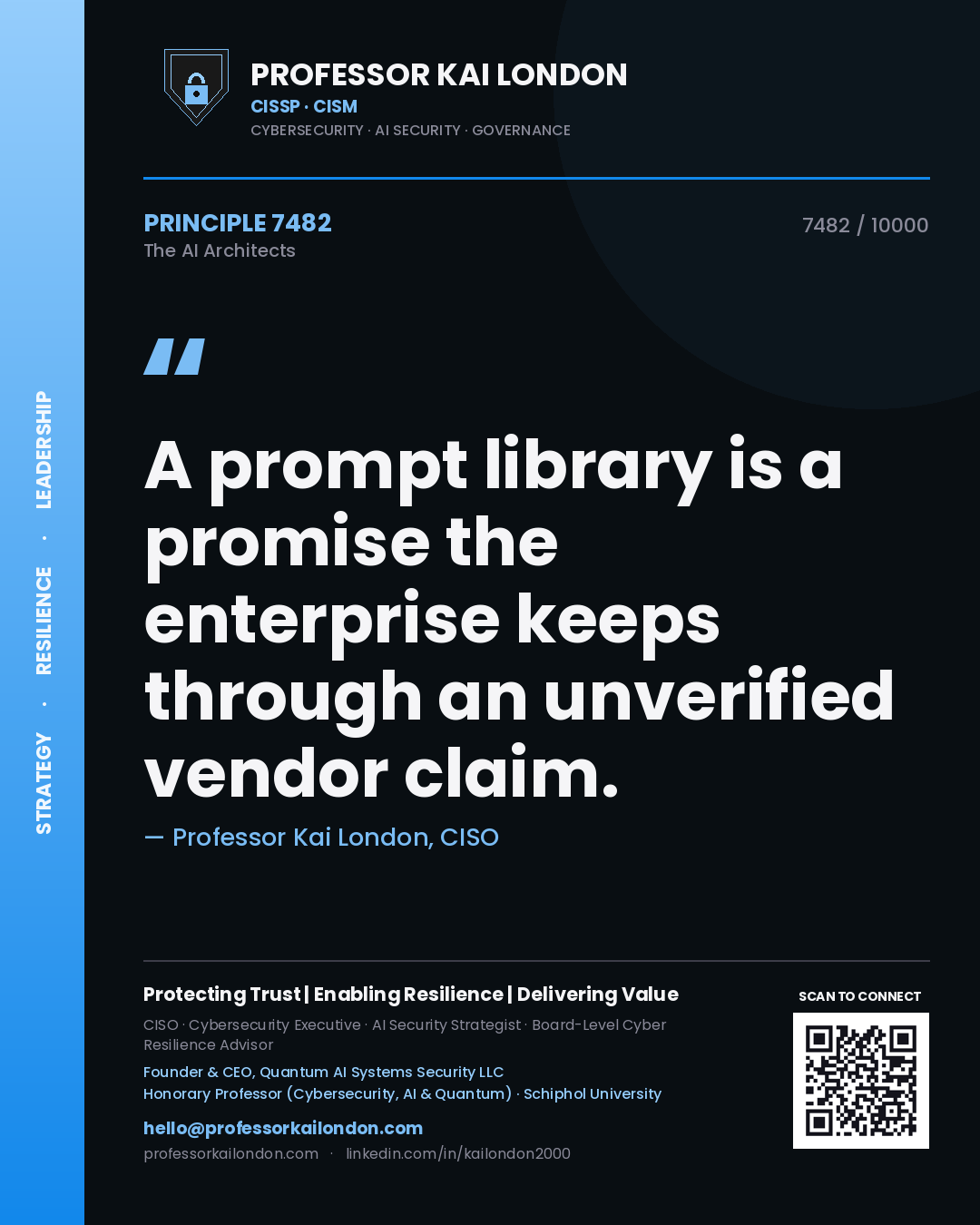 Professor Kai London principle 7482: A prompt library is a promise the enterprise keeps through an unverified vendor claim.