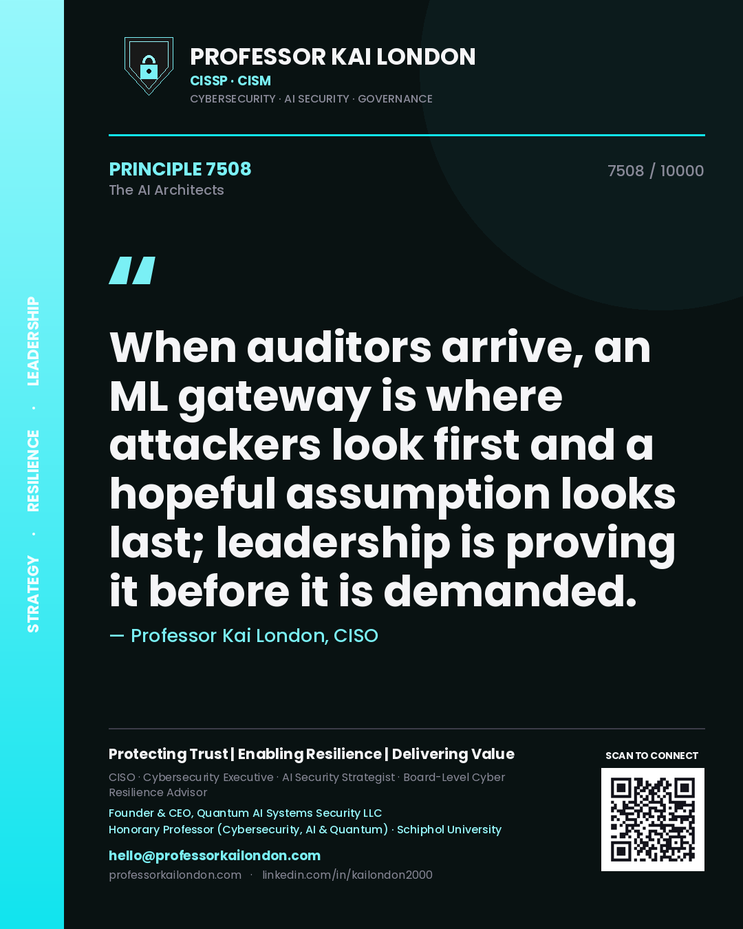 Quote card by Professor Kai London reading 'When auditors arrive, an ML gateway is where attackers look first and a hopeful assumption looks last; leadership is proving it before it is demanded.'. From the book The AI Architects.