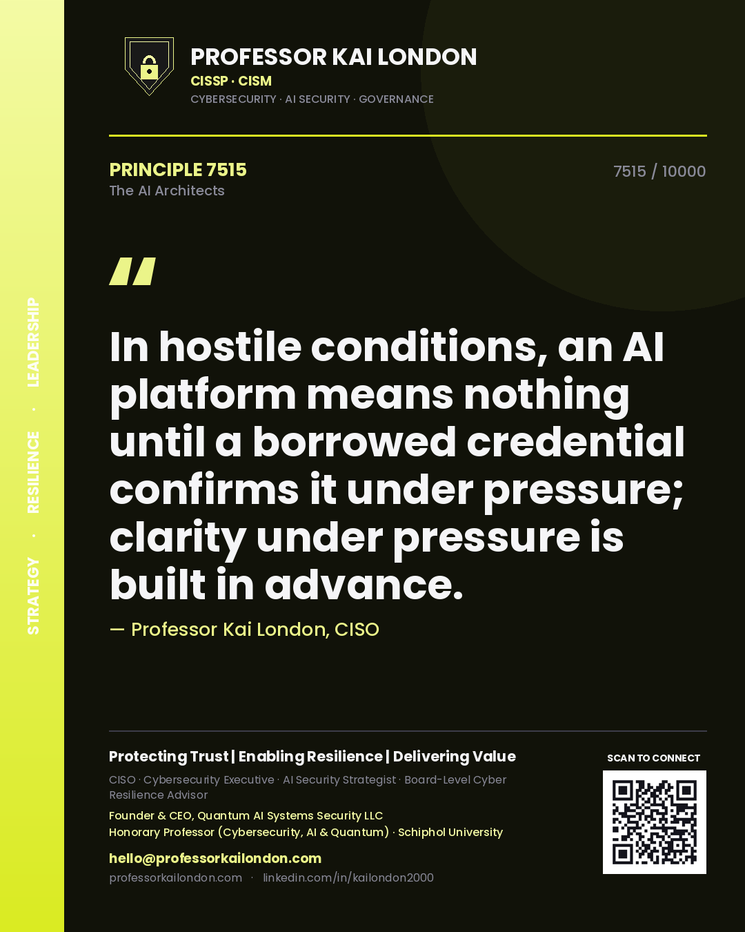 Quote card by Professor Kai London reading 'In hostile conditions, an AI platform means nothing until a borrowed credential confirms it under pressure; clarity under pressure is built in advance.'. From the book The AI Architects.
