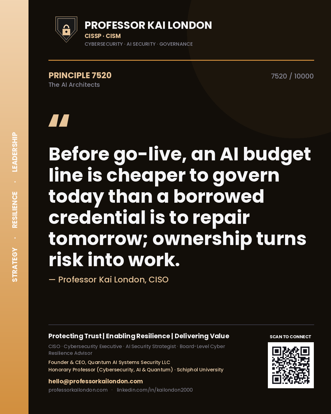 Quote card by Professor Kai London reading 'Before go-live, an AI budget line is cheaper to govern today than a borrowed credential is to repair tomorrow; ownership turns risk into work.'. From the book The AI Architects.