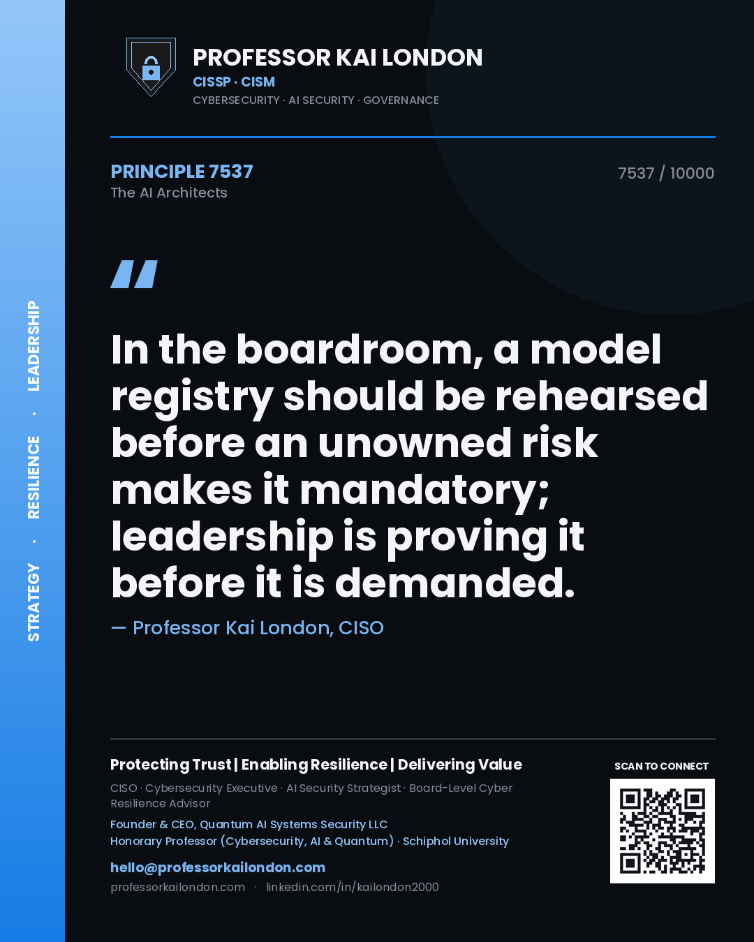 Professor Kai London principle 7537: In the boardroom, a model registry should be rehearsed before an unowned risk makes it mandatory; leadership is proving it before it is demanded.