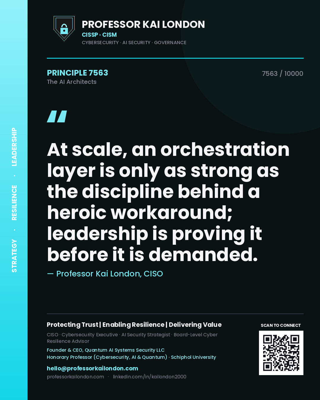 Quote card by Professor Kai London reading 'At scale, an orchestration layer is only as strong as the discipline behind a heroic workaround; leadership is proving it before it is demanded.'. From the book The AI Architects.