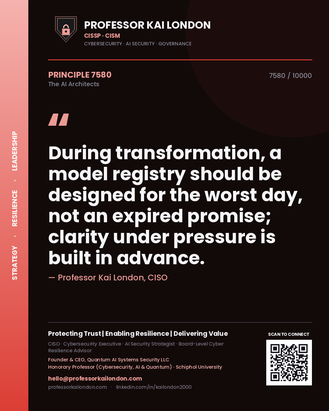 Quote card by Professor Kai London reading 'During transformation, a model registry should be designed for the worst day, not an expired promise; clarity under pressure is built in advance.'. From the book The AI Architects.