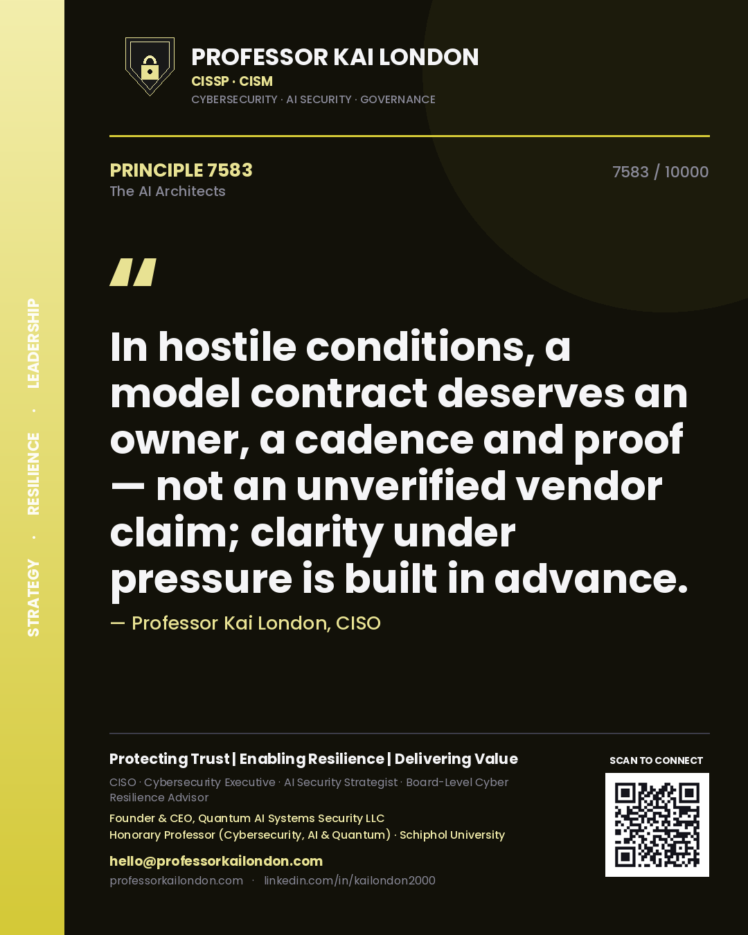 Quote card by Professor Kai London reading 'In hostile conditions, a model contract deserves an owner, a cadence and proof — not an unverified vendor claim; clarity under pressure is built in advance.'. From the book The AI Architects.