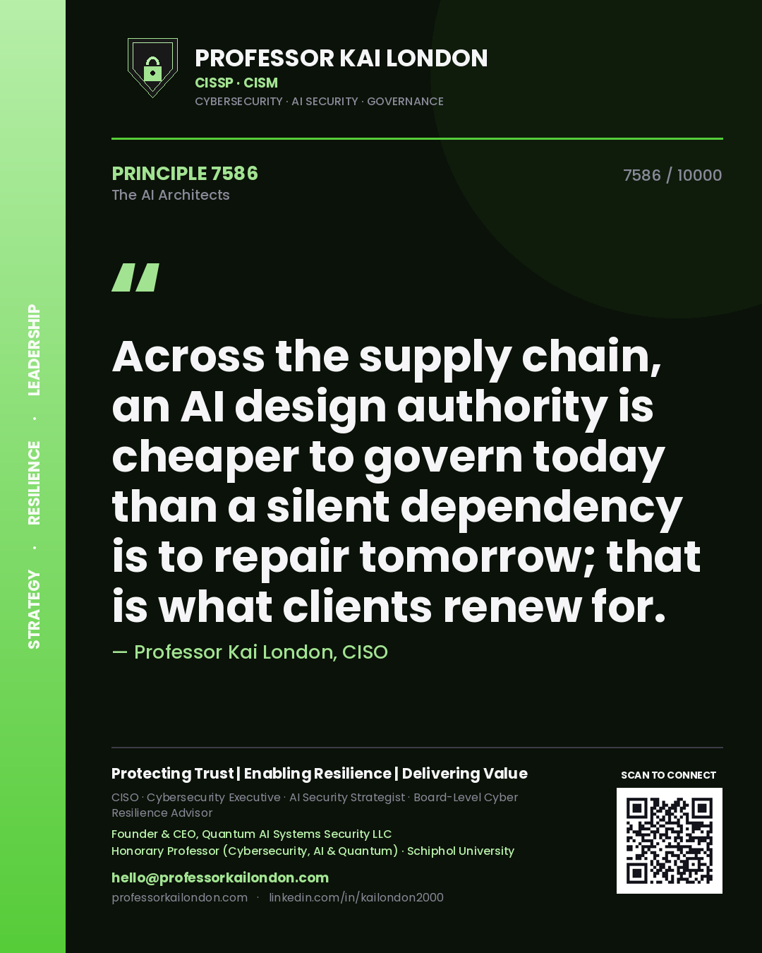 Quote card by Professor Kai London reading 'Across the supply chain, an AI design authority is cheaper to govern today than a silent dependency is to repair tomorrow; that is what clients renew for.'. From the book The AI Architects.
