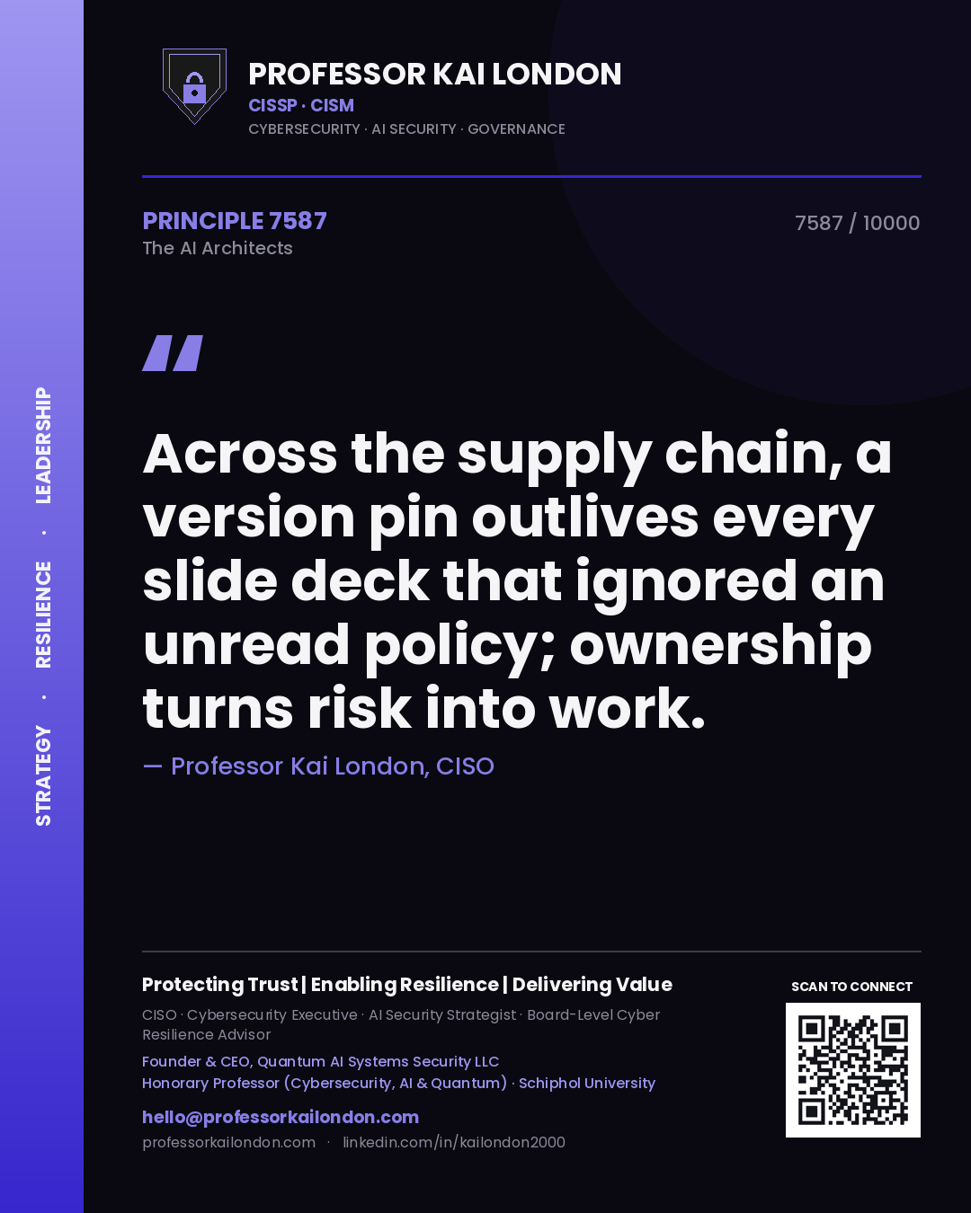 Quote card by Professor Kai London reading 'Across the supply chain, a version pin outlives every slide deck that ignored an unread policy; ownership turns risk into work.'. From the book The AI Architects.