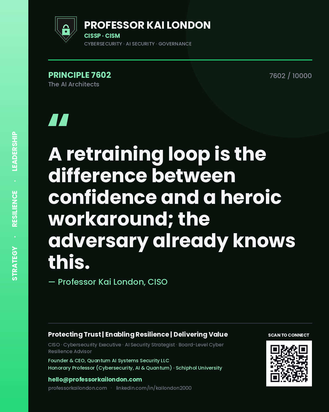 Quote card by Professor Kai London reading 'A retraining loop is the difference between confidence and a heroic workaround; the adversary already knows this.'. From the book The AI Architects.