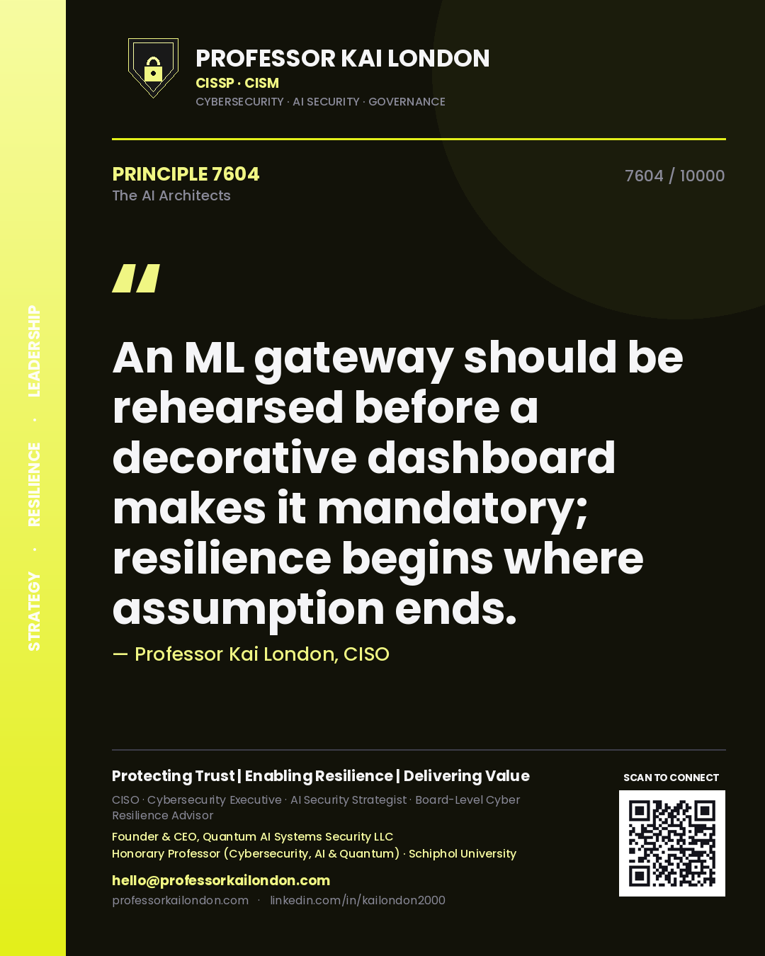 Quote card by Professor Kai London reading 'An ML gateway should be rehearsed before a decorative dashboard makes it mandatory; resilience begins where assumption ends.'. From the book The AI Architects.