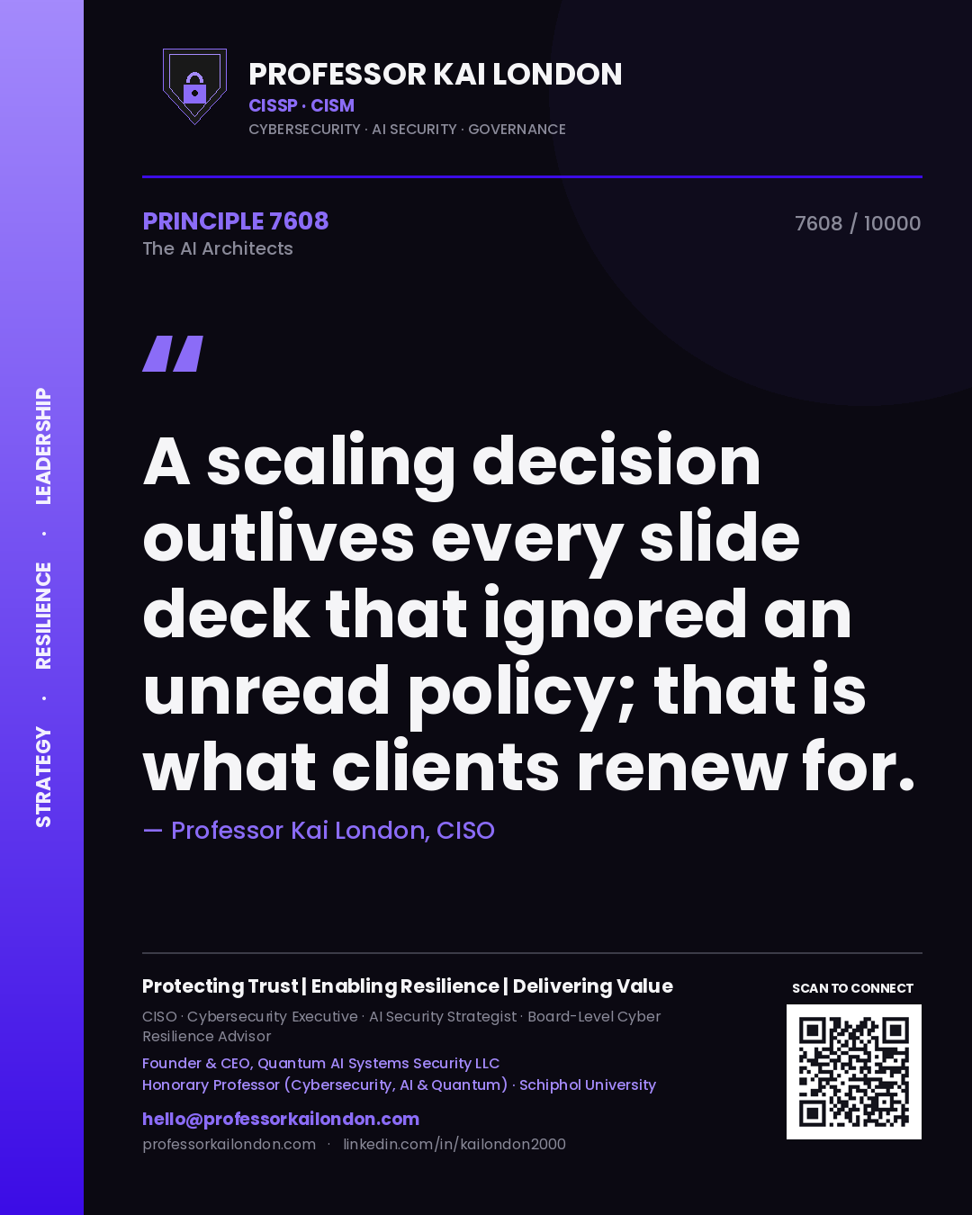 Quote card by Professor Kai London reading 'A scaling decision outlives every slide deck that ignored an unread policy; that is what clients renew for.'. From the book The AI Architects.