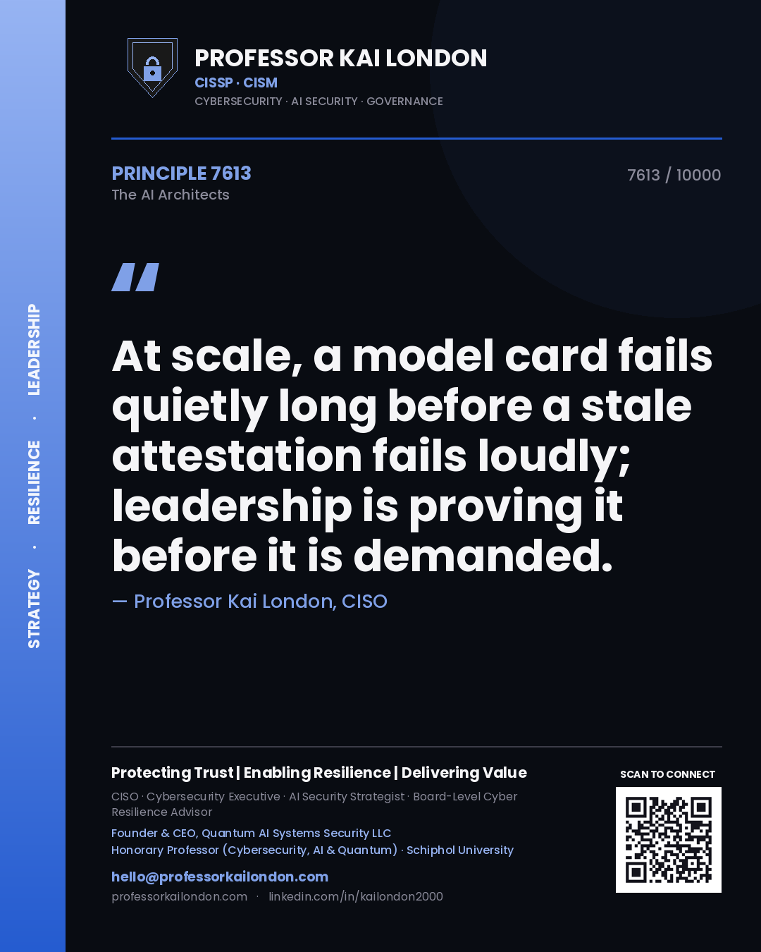 Quote card by Professor Kai London reading 'At scale, a model card fails quietly long before a stale attestation fails loudly; leadership is proving it before it is demanded.'. From the book The AI Architects.