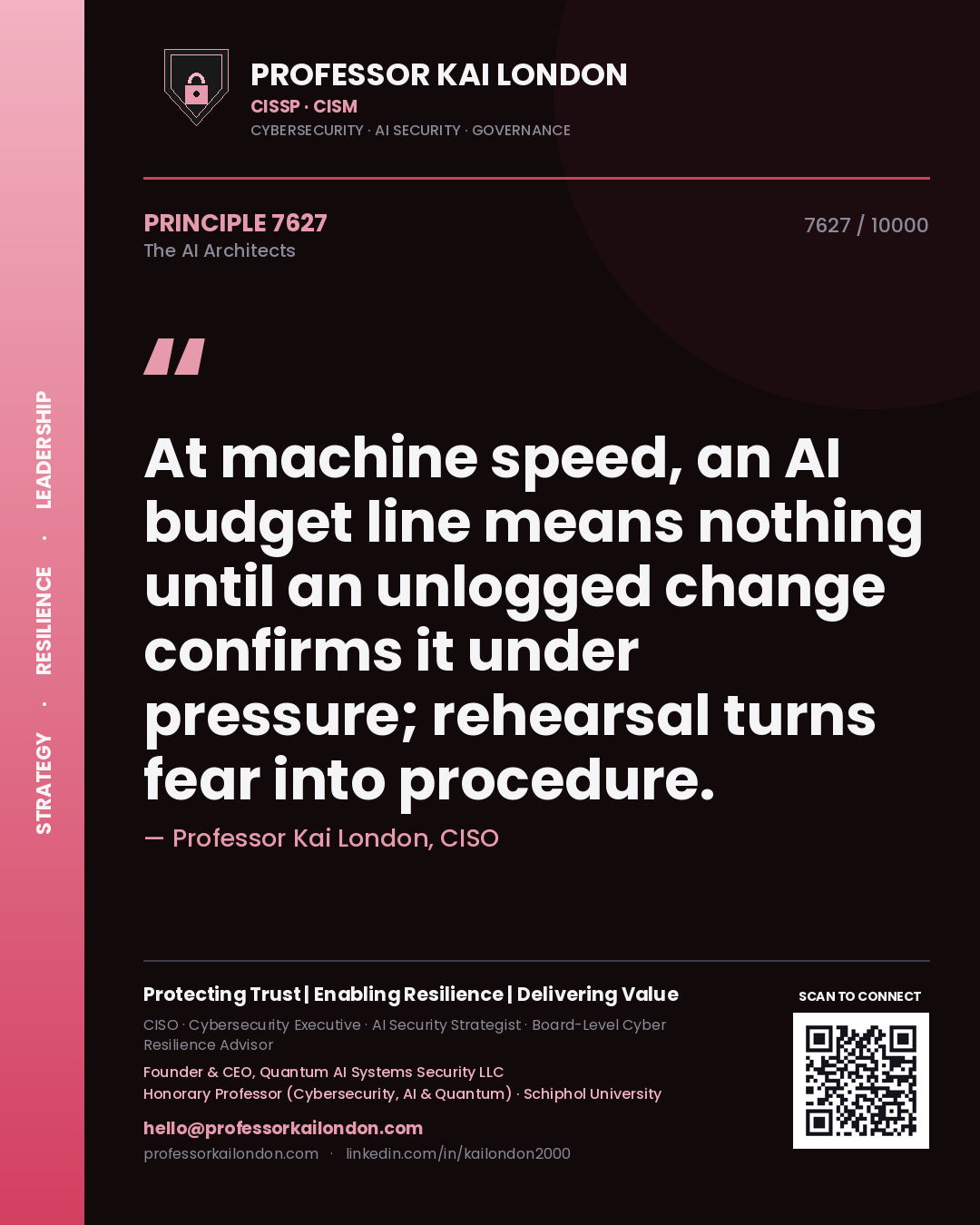Professor Kai London principle 7627: At machine speed, an AI budget line means nothing until an unlogged change confirms it under pressure; rehearsal turns fear into procedure.