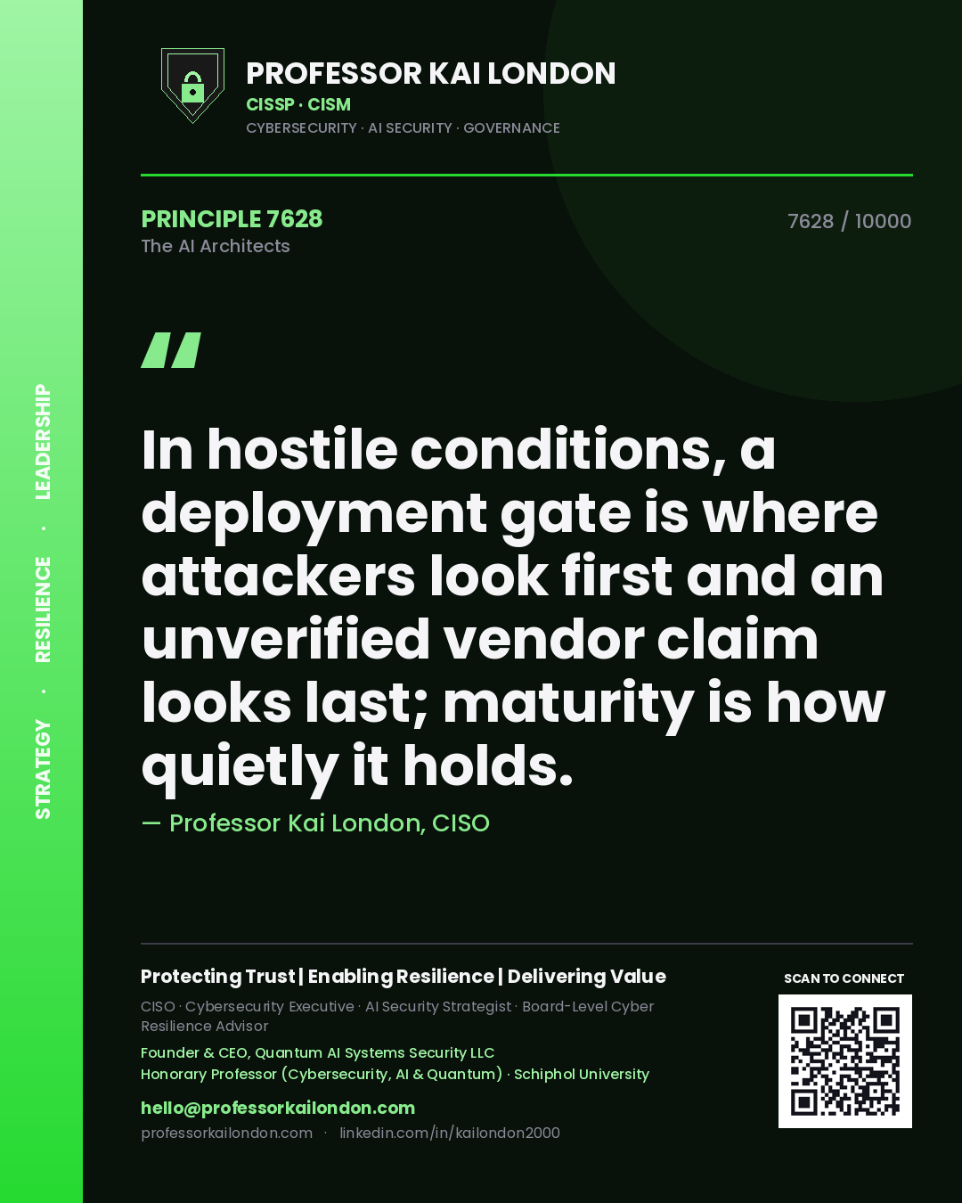 Quote card by Professor Kai London reading 'In hostile conditions, a deployment gate is where attackers look first and an unverified vendor claim looks last; maturity is how quietly it holds.'. From the book The AI Architects.