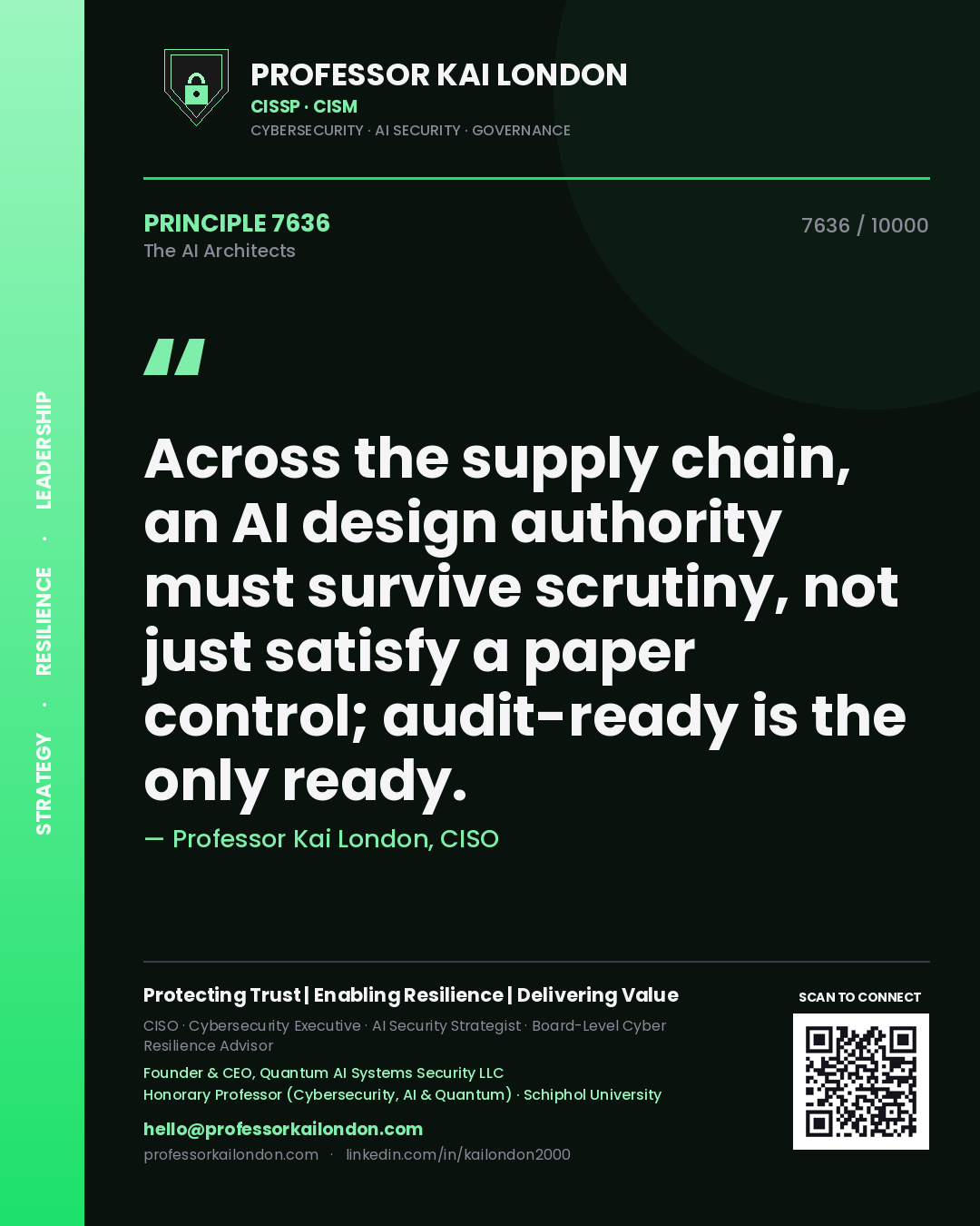 Quote card by Professor Kai London reading 'Across the supply chain, an AI design authority must survive scrutiny, not just satisfy a paper control; audit-ready is the only ready.'. From the book The AI Architects.