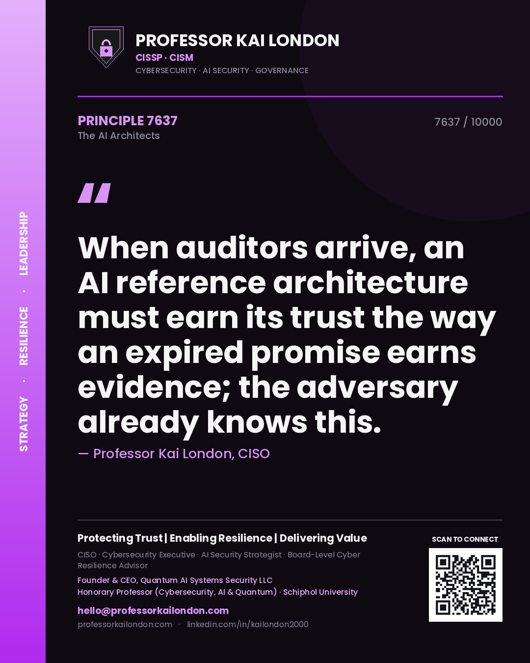 Quote card by Professor Kai London reading 'When auditors arrive, an AI reference architecture must earn its trust the way an expired promise earns evidence; the adversary already knows this.'. From the book The AI Architects.