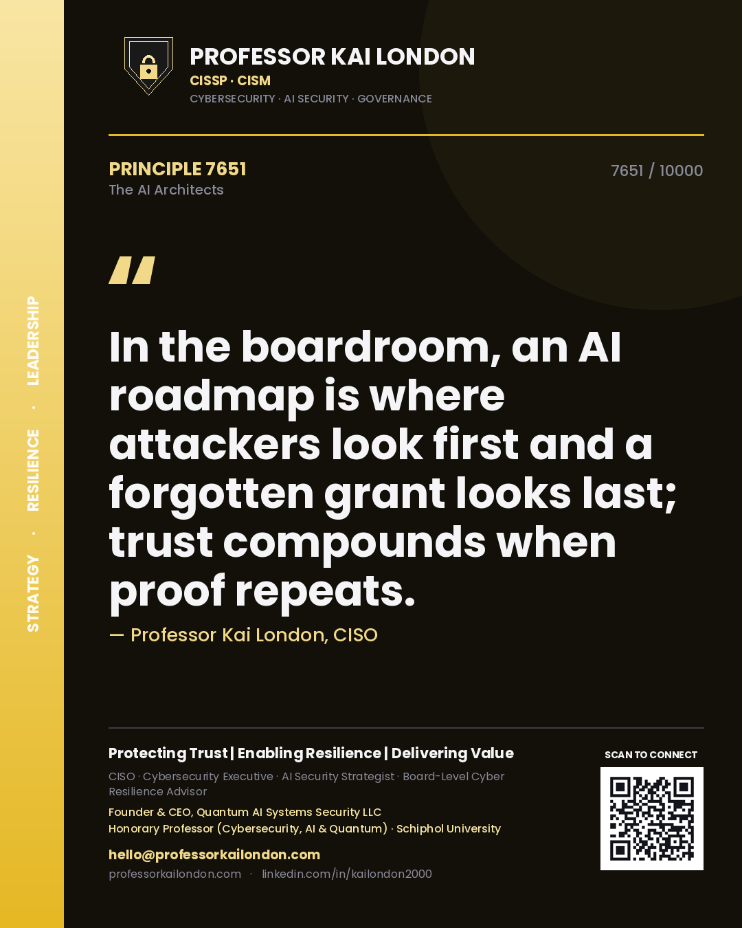 Quote card by Professor Kai London reading 'In the boardroom, an AI roadmap is where attackers look first and a forgotten grant looks last; trust compounds when proof repeats.'. From the book The AI Architects.