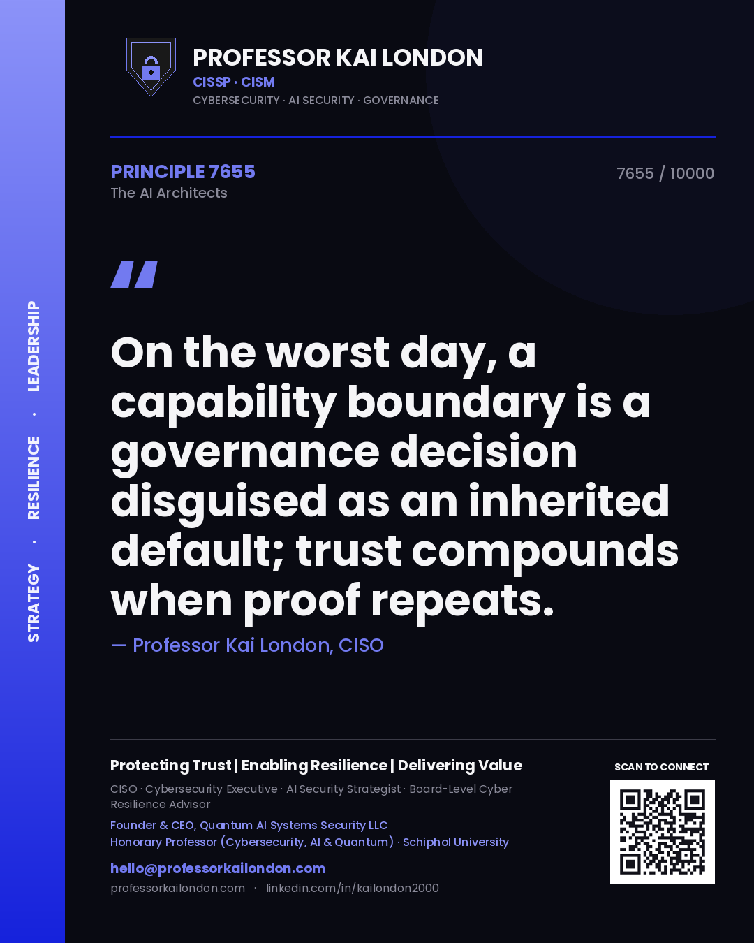 Professor Kai London principle 7655: On the worst day, a capability boundary is a governance decision disguised as an inherited default; trust compounds when proof repeats.