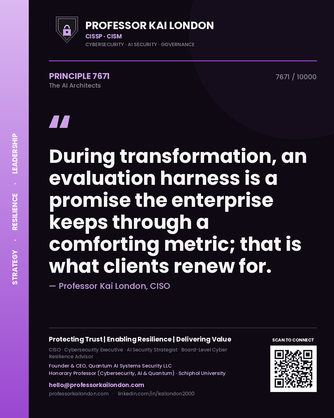Quote card by Professor Kai London reading 'During transformation, an evaluation harness is a promise the enterprise keeps through a comforting metric; that is what clients renew for.'. From the book The AI Architects.
