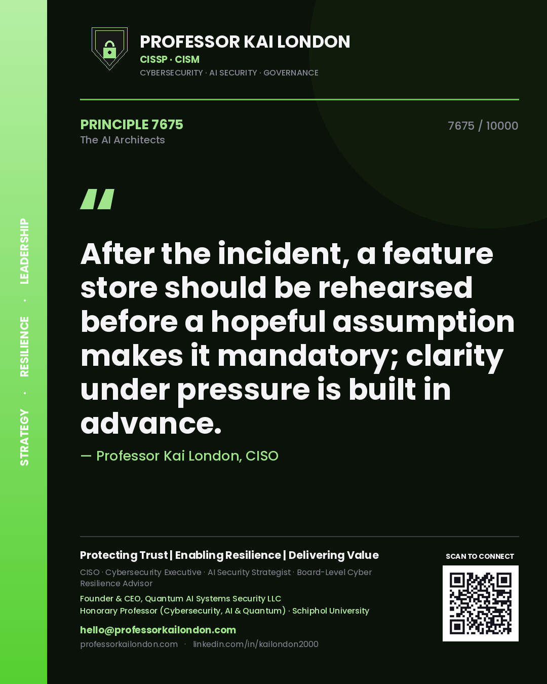 Quote card by Professor Kai London reading 'After the incident, a feature store should be rehearsed before a hopeful assumption makes it mandatory; clarity under pressure is built in advance.'. From the book The AI Architects.