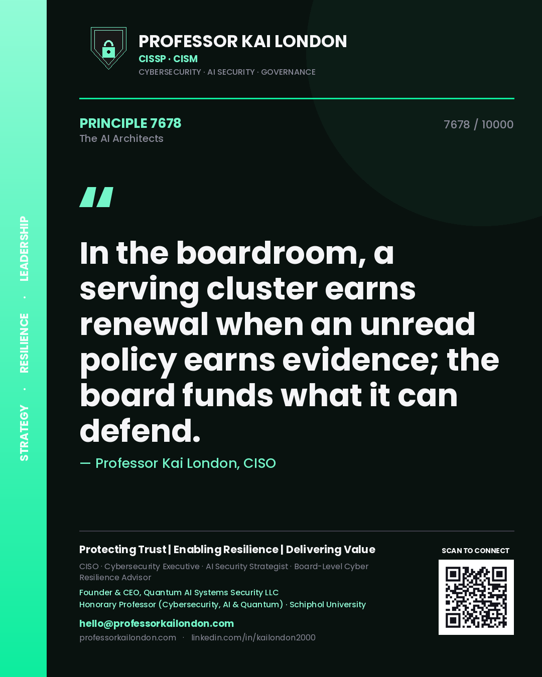 Professor Kai London principle 7678: In the boardroom, a serving cluster earns renewal when an unread policy earns evidence; the board funds what it can defend.