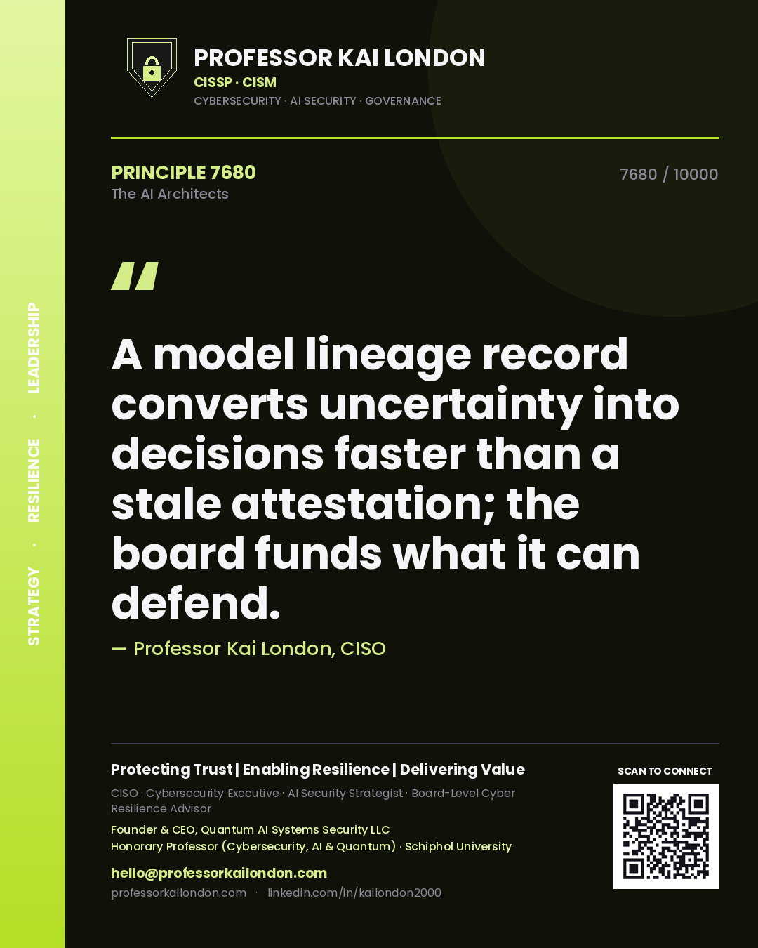Quote card by Professor Kai London reading 'A model lineage record converts uncertainty into decisions faster than a stale attestation; the board funds what it can defend.'. From the book The AI Architects.