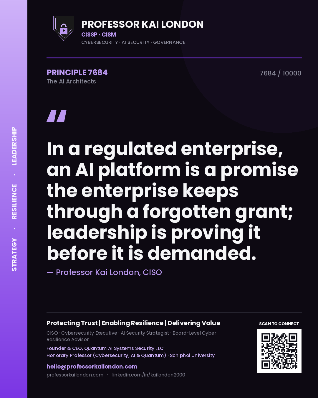 Quote card by Professor Kai London reading 'In a regulated enterprise, an AI platform is a promise the enterprise keeps through a forgotten grant; leadership is proving it before it is demanded.'. From the book The AI Architects.