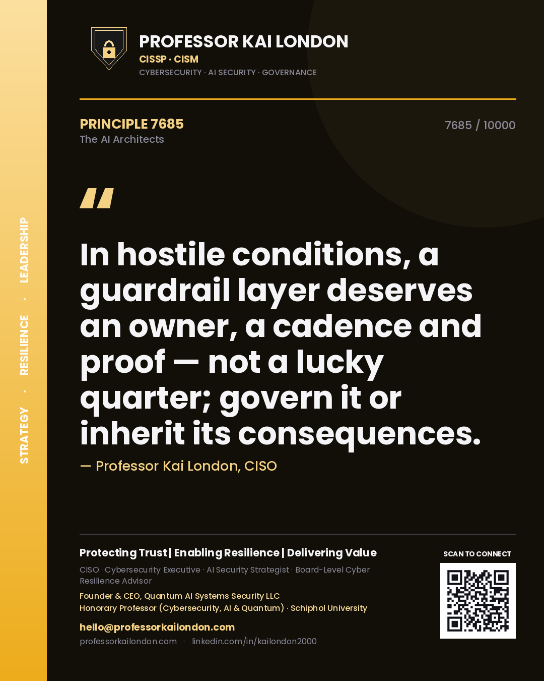 Quote card by Professor Kai London reading 'In hostile conditions, a guardrail layer deserves an owner, a cadence and proof — not a lucky quarter; govern it or inherit its consequences.'. From the book The AI Architects.