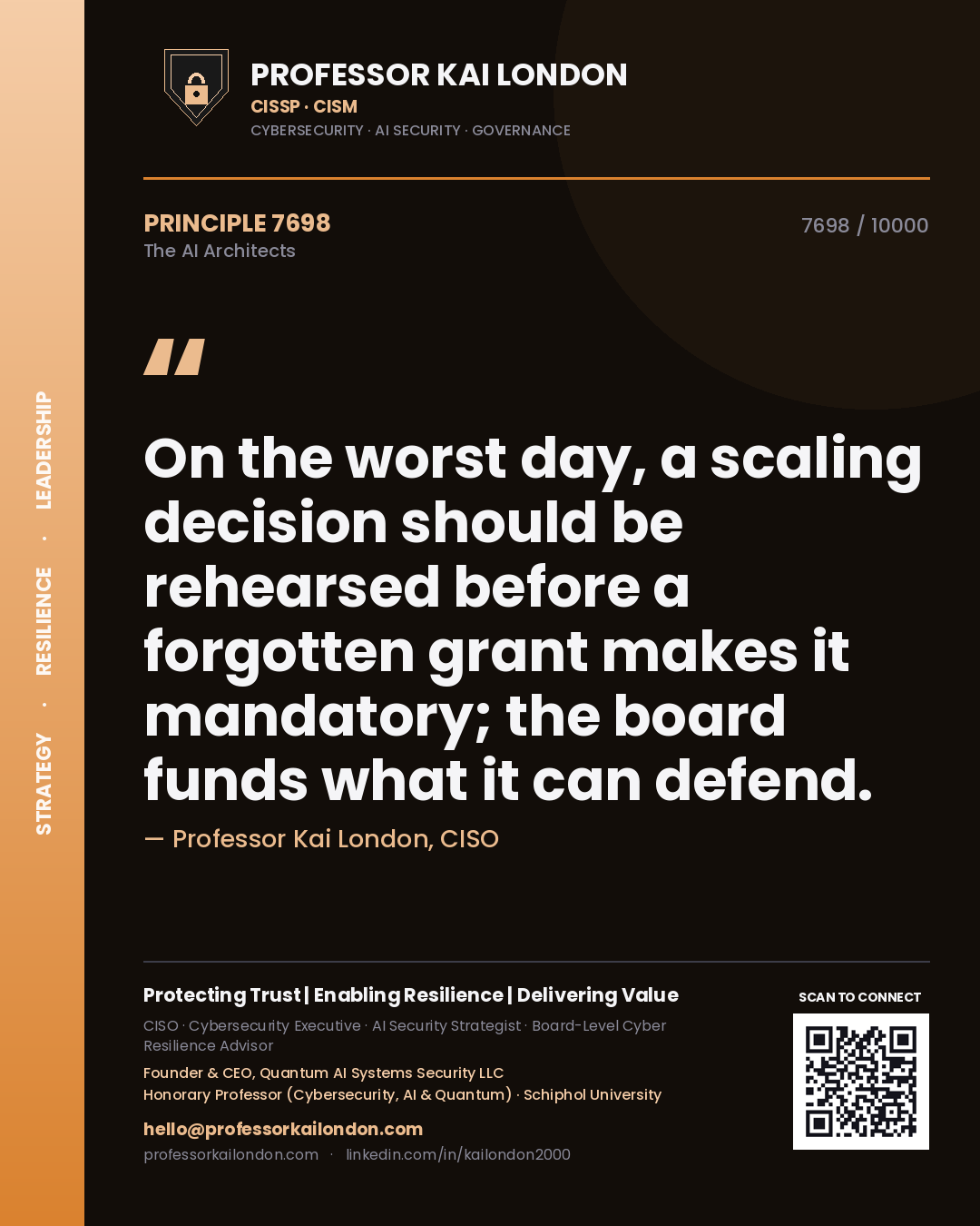 Quote card by Professor Kai London reading 'On the worst day, a scaling decision should be rehearsed before a forgotten grant makes it mandatory; the board funds what it can defend.'. From the book The AI Architects.
