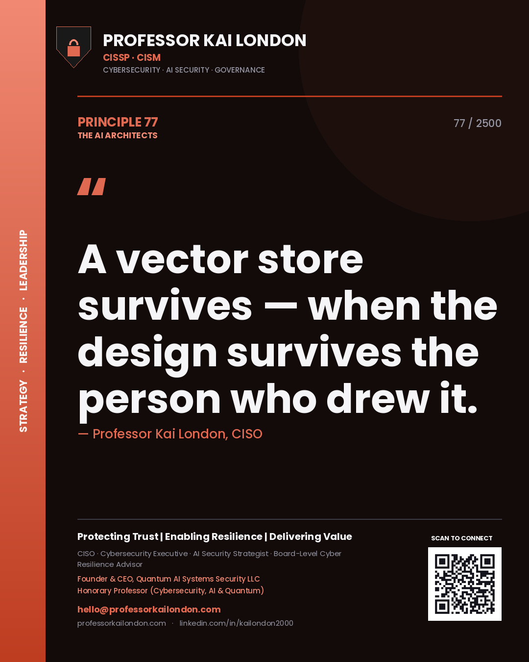 Quote card by Professor Kai London reading 'A vector store survives — when the design survives the person who drew it.'. From the book The AI Architects.