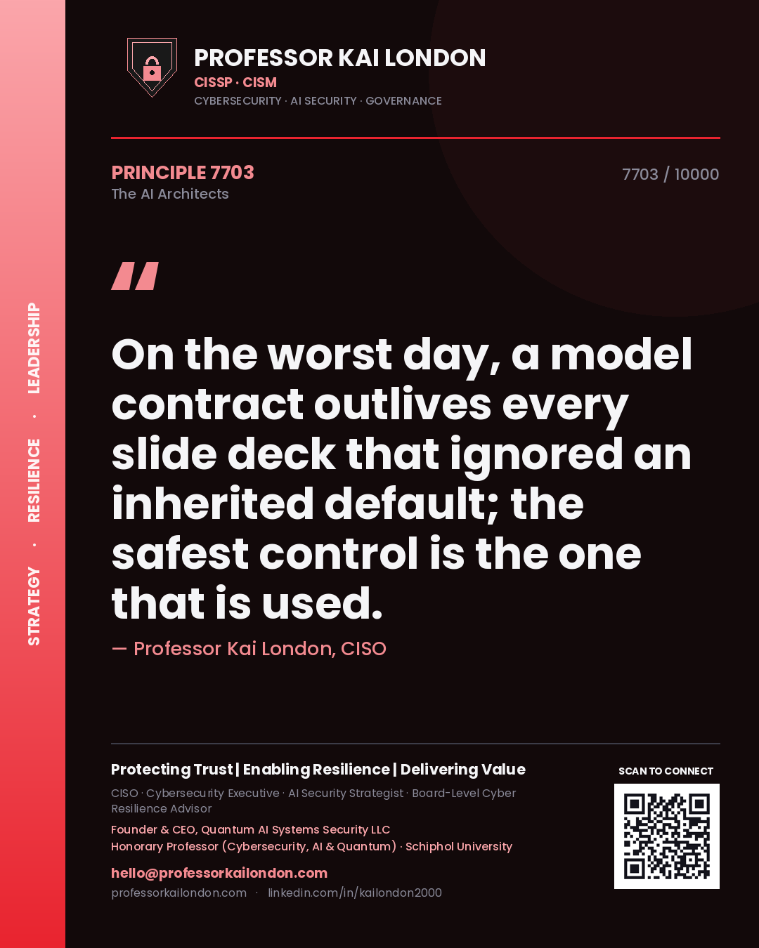Professor Kai London principle 7703: On the worst day, a model contract outlives every slide deck that ignored an inherited default; the safest control is the one that is used.