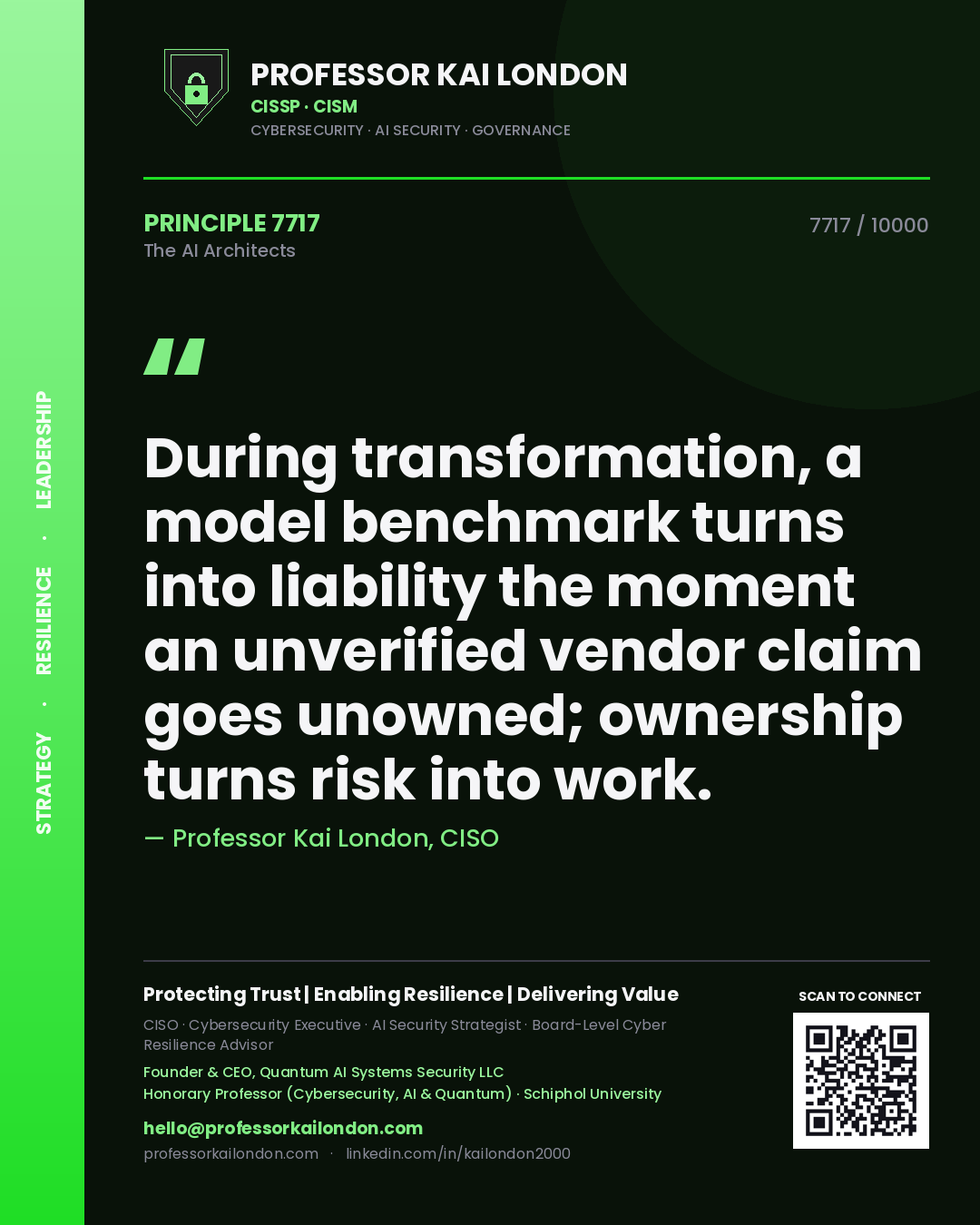 Professor Kai London principle 7717: During transformation, a model benchmark turns into liability the moment an unverified vendor claim goes unowned; ownership turns risk into work.