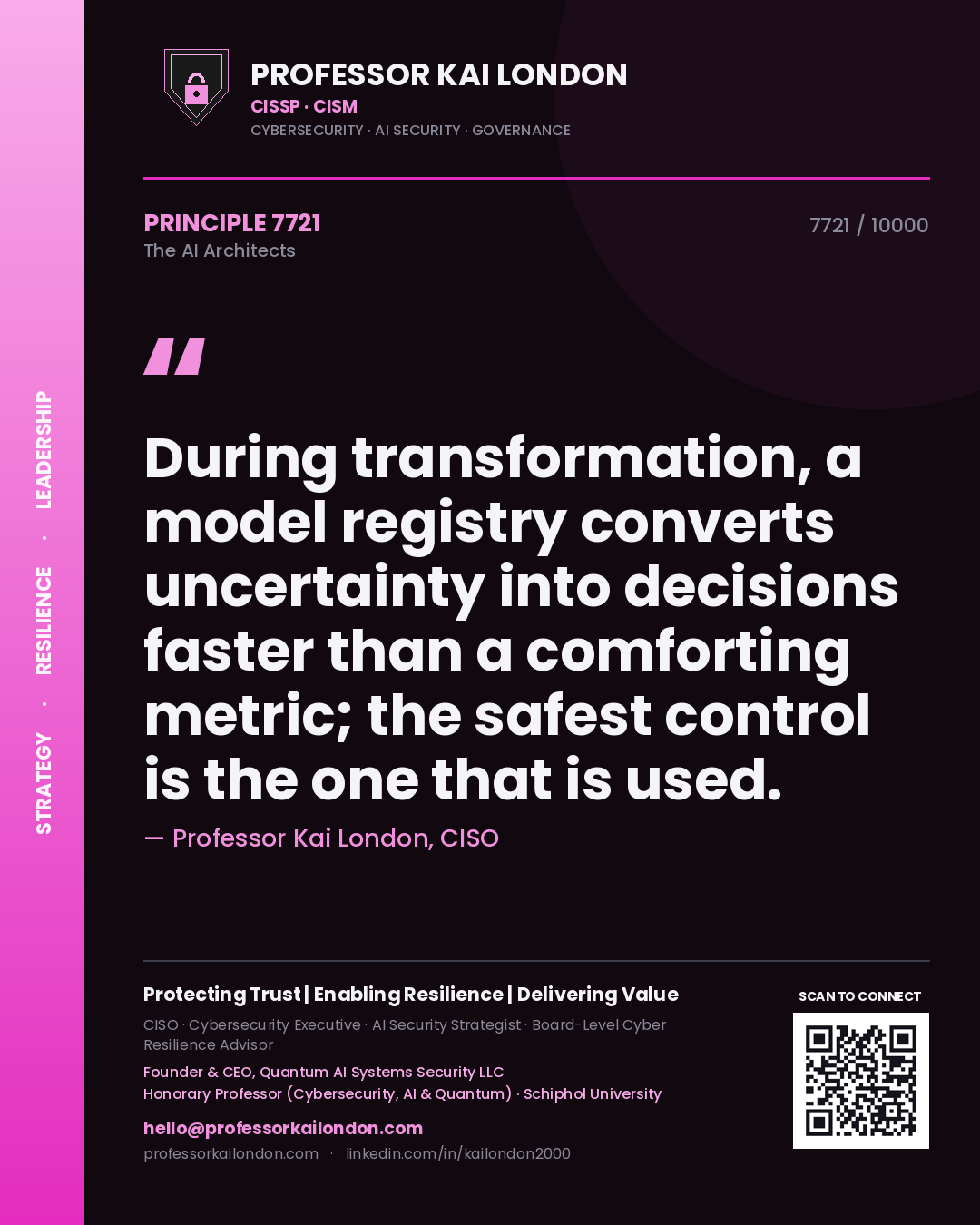 Professor Kai London principle 7721: During transformation, a model registry converts uncertainty into decisions faster than a comforting metric; the safest control is the one that is used.