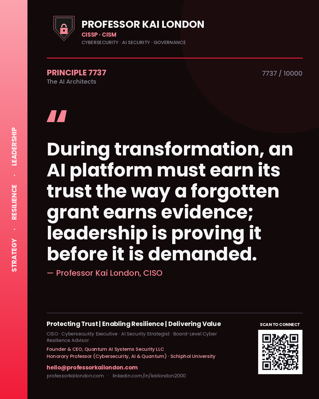 Professor Kai London principle 7737: During transformation, an AI platform must earn its trust the way a forgotten grant earns evidence; leadership is proving it before it is demanded.
