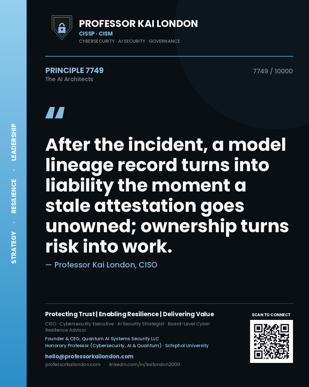 Professor Kai London principle 7749: After the incident, a model lineage record turns into liability the moment a stale attestation goes unowned; ownership turns risk into work.