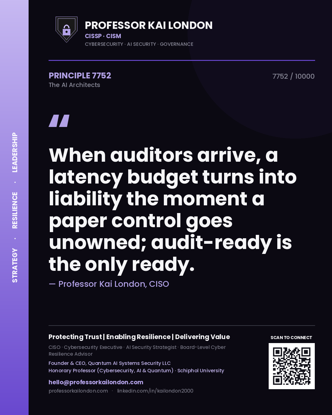Quote card by Professor Kai London reading 'When auditors arrive, a latency budget turns into liability the moment a paper control goes unowned; audit-ready is the only ready.'. From the book The AI Architects.